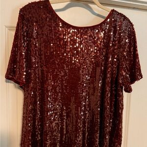 Burgundy Sequin Short Sleeve Blouse with Silk Bow
